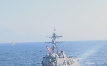 USS Bulkeley (DDG84) conducts an aerial photo exercise during Formidable Shield (FS) 2025