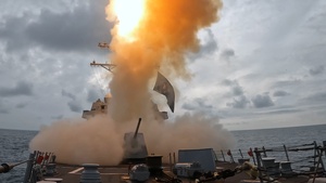 USS Bulkeley (DDG 84) launches a Standard Missile 3 against a ballistic missile target during Formidable Shield 2025