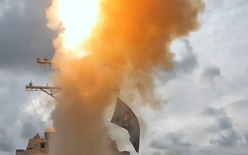 USS Bulkeley (DDG 84) launches a Standard Missile 3 against a ballistic missile target during Formidable Shield 2025