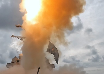 USS Bulkeley (DDG 84) launches a Standard Missile 3 against a ballistic missile target during Formidable Shield 2025