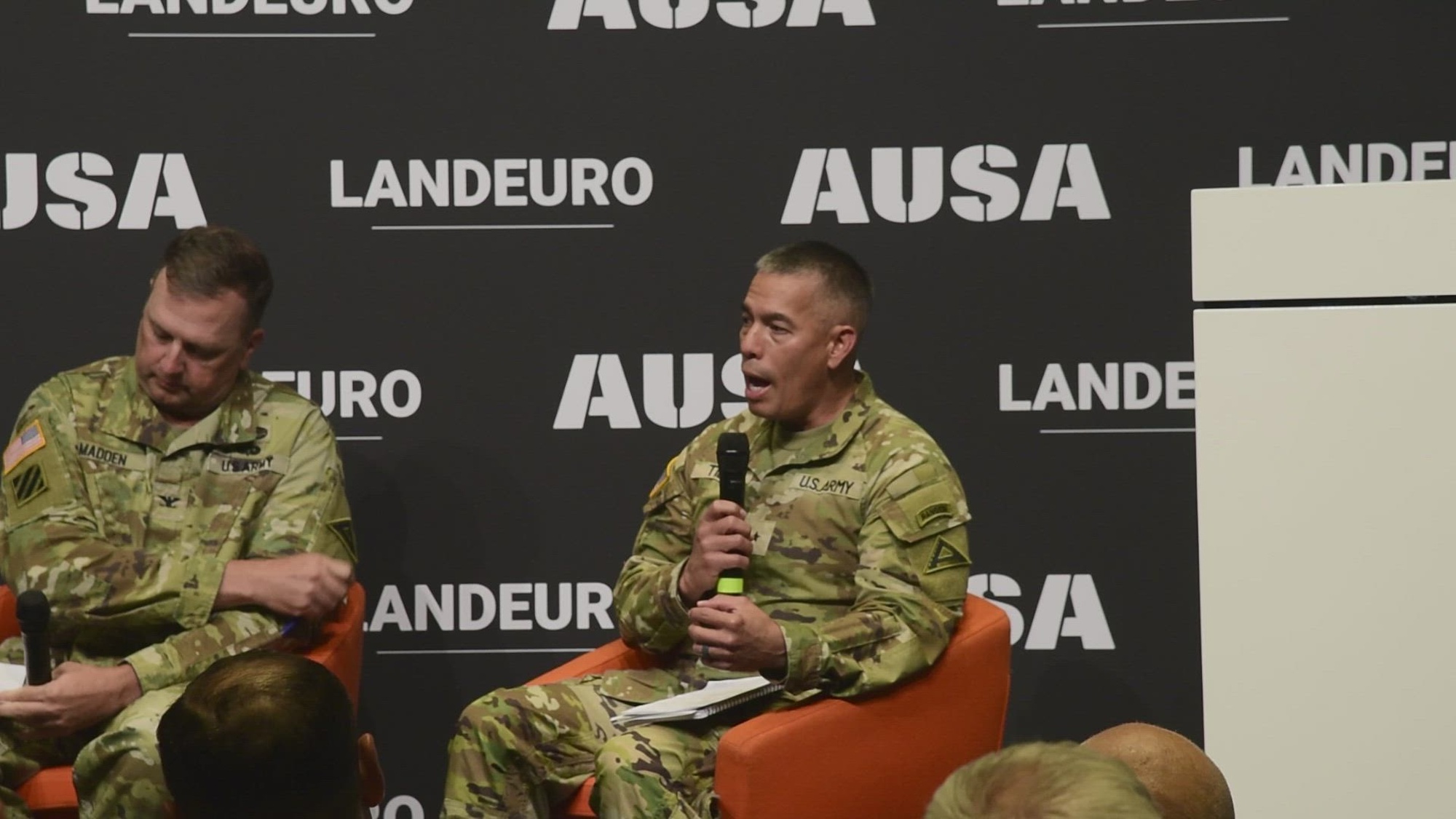 During a LANDEURO Warriors Corner, 7th Army Training Command talks on "Forging an Interoperable Force: Combined Exercises as a Catalyst for 21st Century Readiness" in Wiesbaden, Germany, July 17, 2025. 7ATC's Brig. Gen. Terry Tillis, Col. Mark Madden, and Col. CJ Kirkpatrick, along with Danish Maj. Gen. Brian Nissen, Deputy Commander Multinational Corps Northeast-Szczecin,  talk about providing training and exercises that drive transformation and return on investment for global defense. The LANDEURO theme is Transformation in Contact: Integrating Industry, U.S. Army and Allies for Global Deterrence. (U.S. Army Video by Sgt Kammen Taylor)