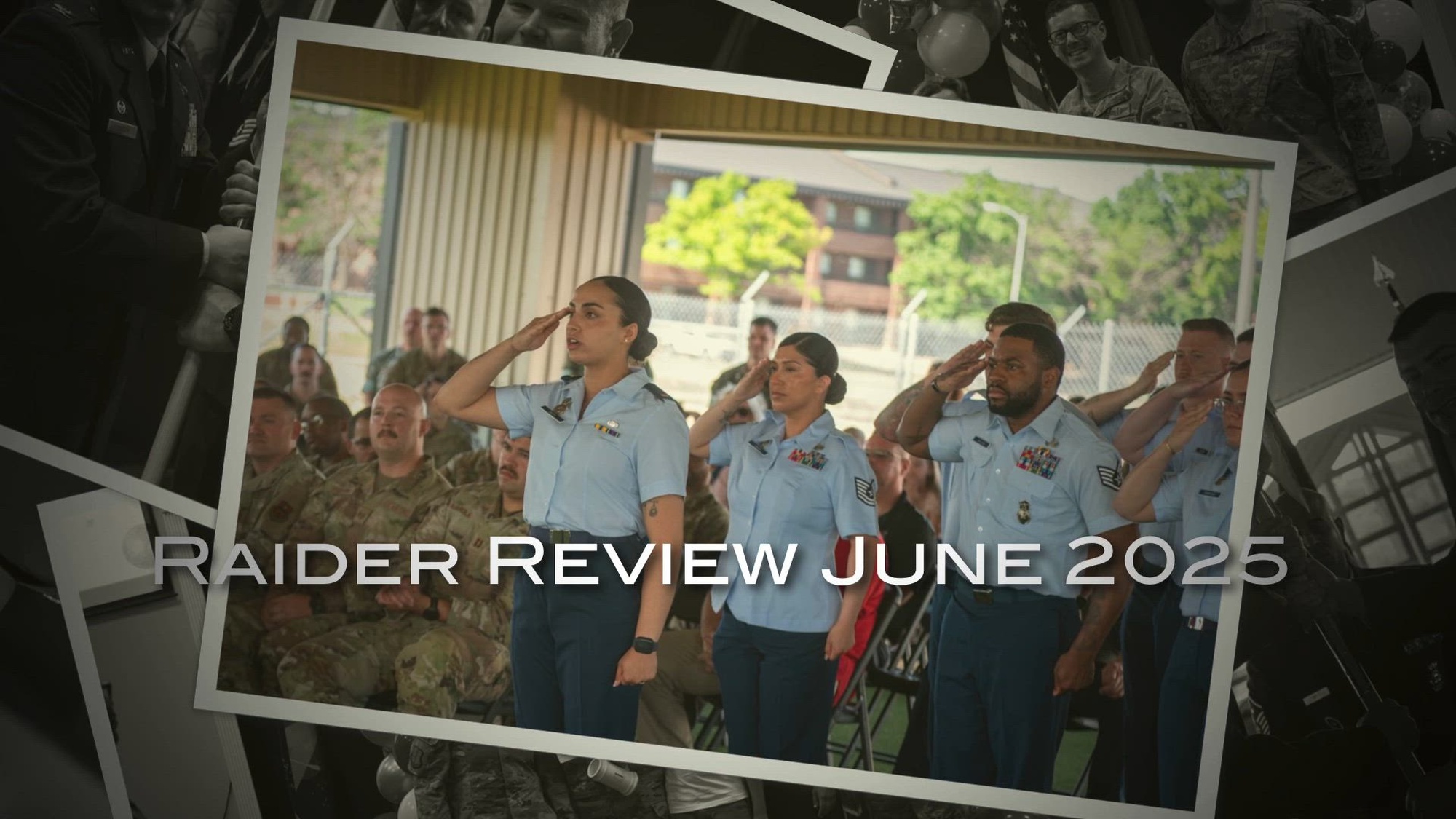 Photo of Airmen in short sleeve blue uniforms saluting.  