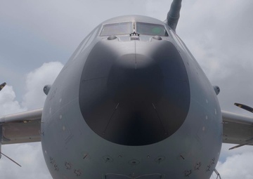 Members of the Royal Air Force prepare an A400 to receive cargo during DLE 2025