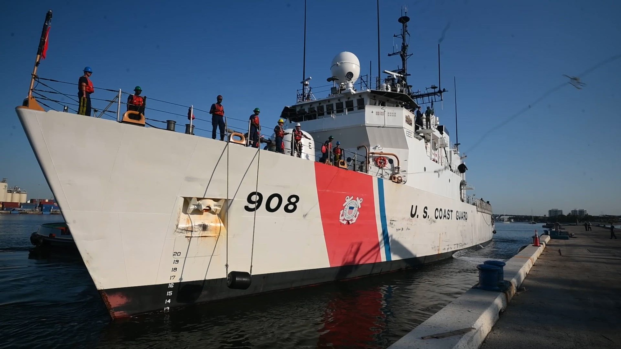 U.S. Coast Guard Cutter Tahoma’s (WMEC-908) crew offloaded approximately 9,970 pounds of cocaine worth $73.7 million, Tuesday, at Port Everglades. The seized contraband was the result of an interdiction on June 24, 2025, approximately 120 miles northwest of Ecuador by the crew of the Tahoma. (U.S. Coast Guard video by Petty Officer 3rd Class Nicholas Strasburg)