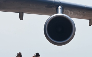 Airmen prepare a C-5M Super Galaxy for departure during exercise Bamboo Eagle 25-3 (B-Roll)