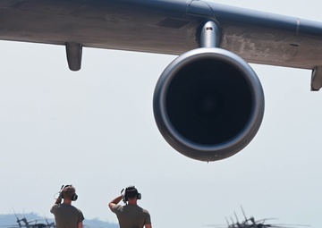 Airmen prepare a C-5M Super Galaxy for departure during exercise Bamboo Eagle 25-3 (B-Roll)
