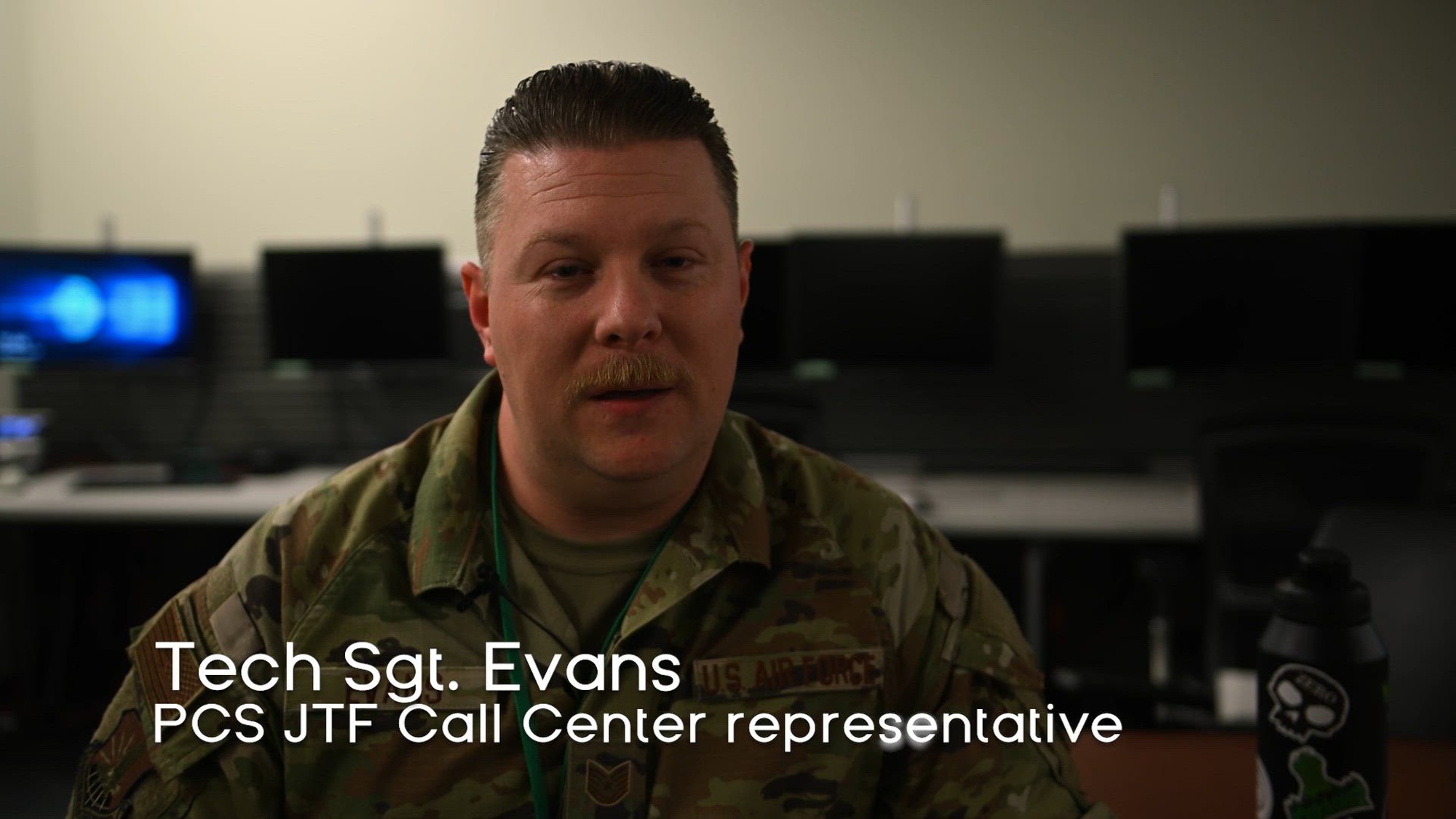 U.S. Air Force Tech Sgt. Evans, Permanent Change of Station Joint Task Force member, speaks about the call center's mission at Scott Air Force Base, Illinois, Aug. 6, 2025. The Permanent Change of Station Joint Task Force provides 24-hour support every day for any PCS-related issues. (U.S. Air Force graphic by Senior Airman Iain Stanley)