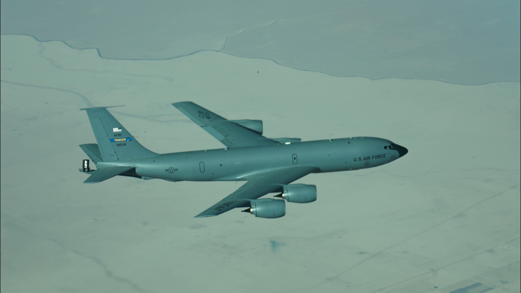 A U.S. Air Force KC-135 Stratotanker flies over the U.S. Central Command area of responsibility, July 22, 2025. The Stratotanker is the backbone of U.S. Air Forces Central's global reach aerial refueling capability and delivers critical support to joint and coalition aircraft in order to guarantee war-winning airpower throughout the CENTCOM AOR. (U.S. Air Force Photo by Staff Sgt. John C.B. Ennis)