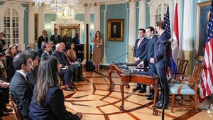 Secretary Rubio participates in a Memorandum of Understanding for Cooperation in the Examination of Protection Requests signing ceremony