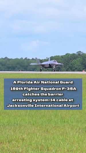 A Florida Air National Guard’s 159th Fighter Squadron F-35A engages the barrier arresting system-14 cable