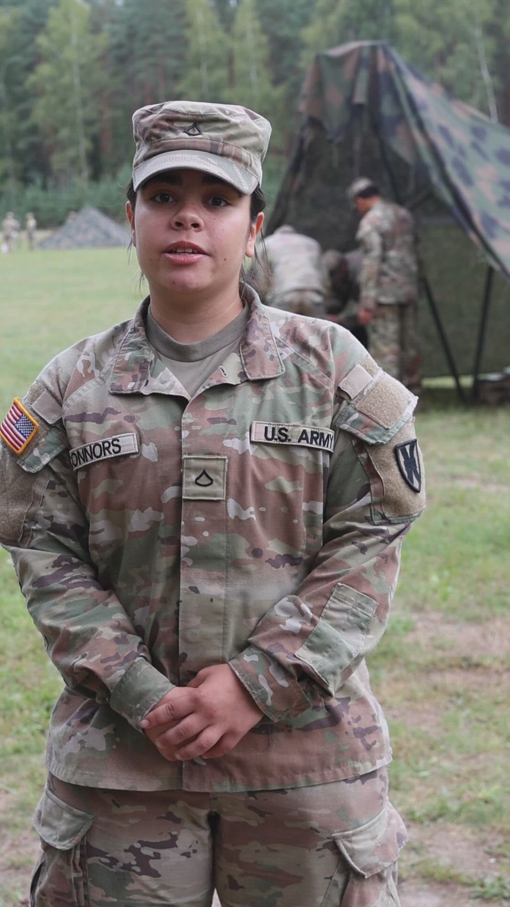 U.S. Army Pfc. Kadence Connors, assigned to the 21st Theater Sustainment Command, speaks about the USAREUR-AF Best Squad Competition, Grafenwoehr, Germany, August 21, 2025. Soldiers from across U.S. Army Europe and Africa (USAREUR-AF) will compete in the year's Best Squad Competition in Grafenwoehr, Germany, Aug. 19 - Aug. 28, 2025. Teams representing units from across USAREUR-AF will test their tactical proficiency, communication, and overall cohesion as they compete for the title of Best Squad. Winners of this competition will advance to compete at the U.S. Army Best Squad Competition. (U.S. Army Video By Spc. Elijah Campbell)