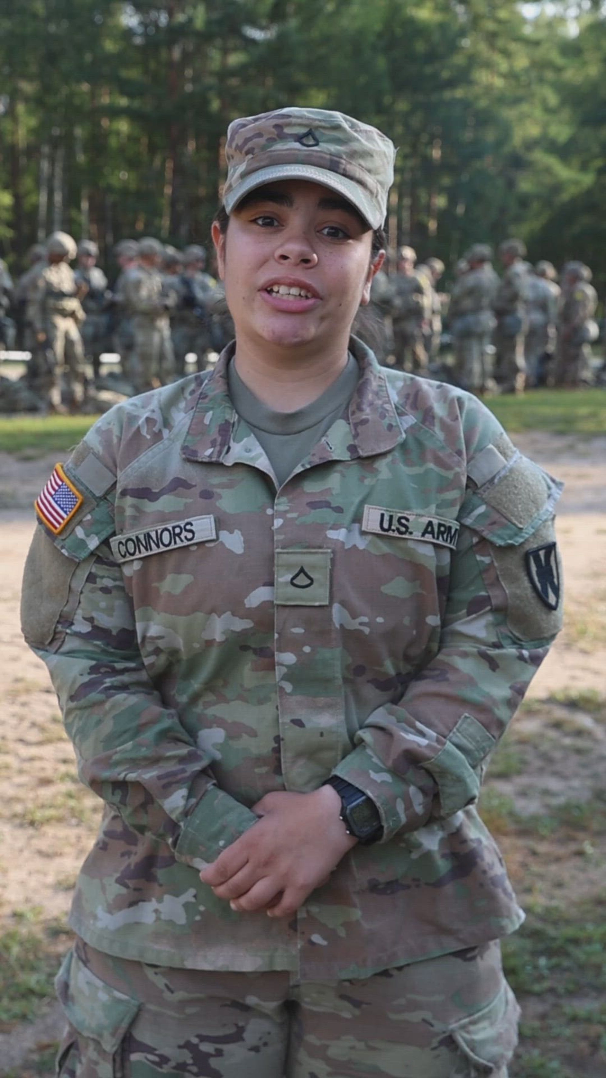 U.S. Army Pfc. Kadence Connors, assigned to the 21st Theater Sustainment Command, speaks about the USAREUR-AF Best Squad Competition, Grafenwoehr, Germany, August 22, 2025. Soldiers from across U.S. Army Europe and Africa (USAREUR-AF) will compete in the year's Best Squad Competition in Grafenwoehr, Germany, Aug. 19 - Aug. 28, 2025. Teams representing units from across USAREUR-AF will test their tactical proficiency, communication, and overall cohesion as they compete for the title of Best Squad. Winners of this competition will advance to compete at the U.S. Army Best Squad Competition. (U.S. Army Video By Spc. Elijah Campbell)