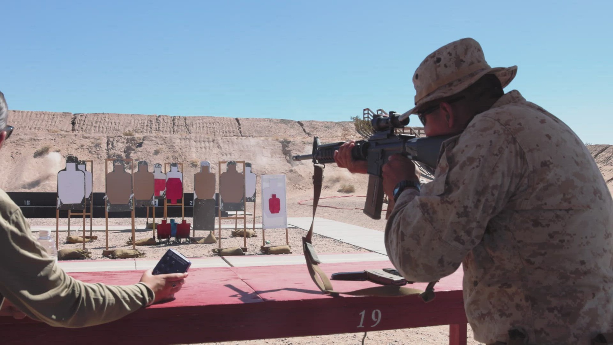 U.S. Marines with various units compete in a 3-Gun Shooting Competition at the pistol range near Marine Corps Air Station (MCAS) Yuma, Arizona, July 31, 2025. The shooting competition was held to improve upon Marines combat marksmanship and lethality. (U.S. Marine Corps video by Lance Cpl. Christian Radosti)