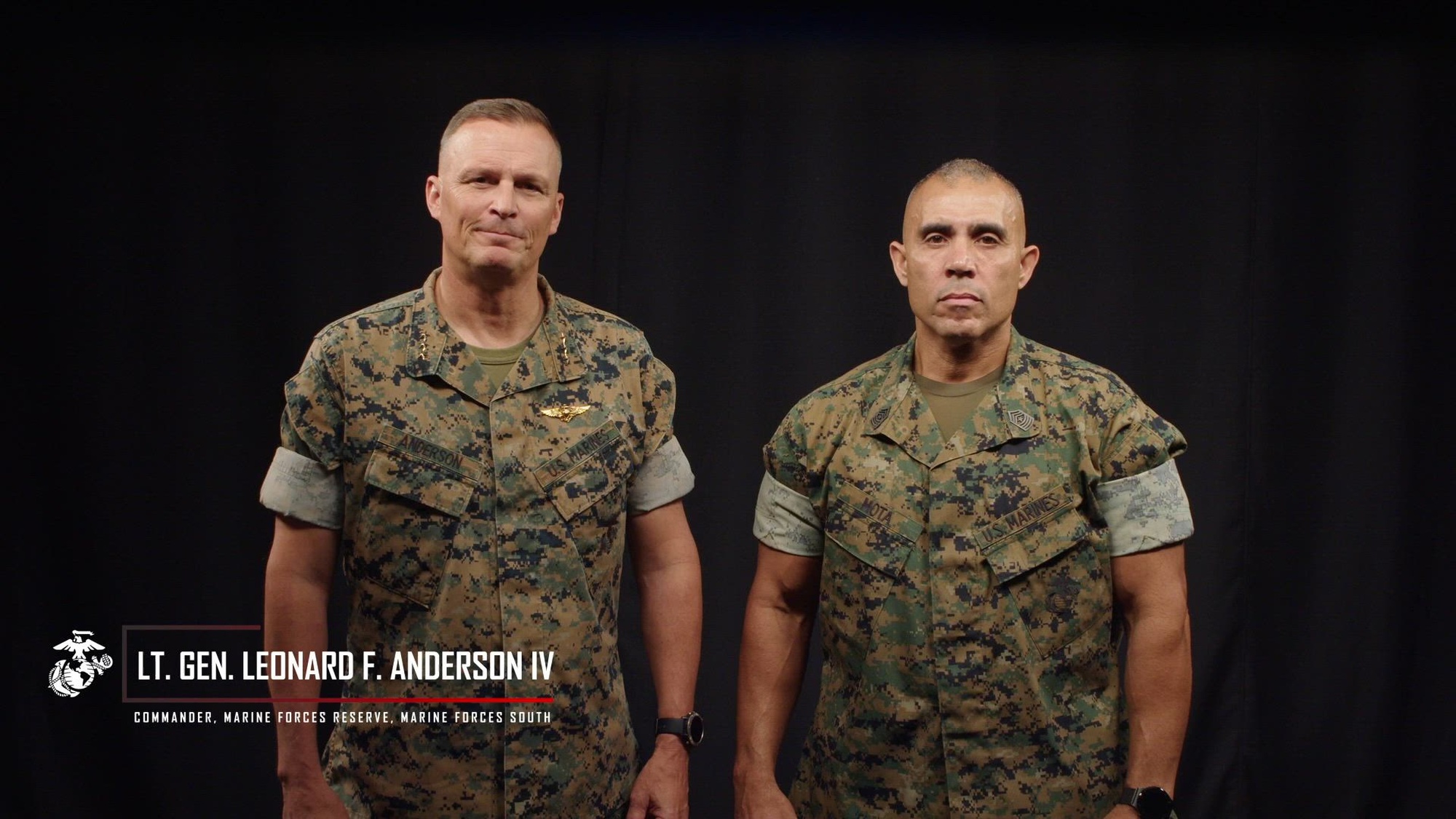 U.S. Marine Corps Lt. Gen. Leonard F. Anderson IV, commander, Marine Forces Reserve and Marine Forces South, and Sgt. Maj. Edward A. Mota, command senior enlisted leader, speaks on the importance of joining the Individual Ready Reserve at the Marine Corps Support Facility, New Orleans, Aug. 28, 2025. Anderson and Mota emphasized benefits and opportunities available to Reserve Marines and the impacts of their service at Marine Forces Reserve. (U.S. Marine Corps Video by Sgt. Aaron TorresLemus, Lance Cpl. Breysson Villacortacampos, Lance Cpl. Priscilla Flores and Lance Cpl. Carlina Holland)