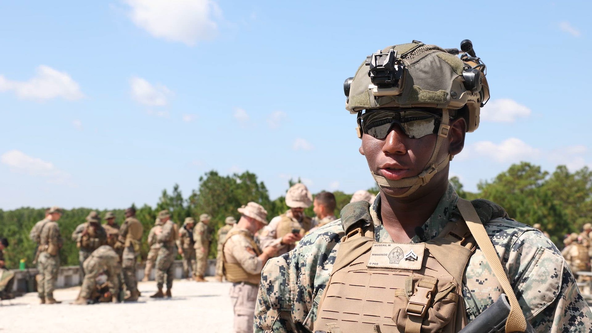 U.S. Marines and Infanteria de Marina (Spanish Marines) participate in an interview for exercise UNITAS 2025 at Camp Lejeune, North Carolina, Sept. 17, 2025. UNITAS, which is Latin for “unity,” was conceived in 1959 and has taken place annually since first conducted in 1960. This year marks the 66th iteration of the world’s longest running annual multinational maritime exercise. The exercise trains forces in joint maritime operations that enhance tactical proficiency and increase interoperability with the presence of unmanned air, surface and submarine systems. (U.S. Marine Corps photo by Sgt. Eduardo Delatorre)