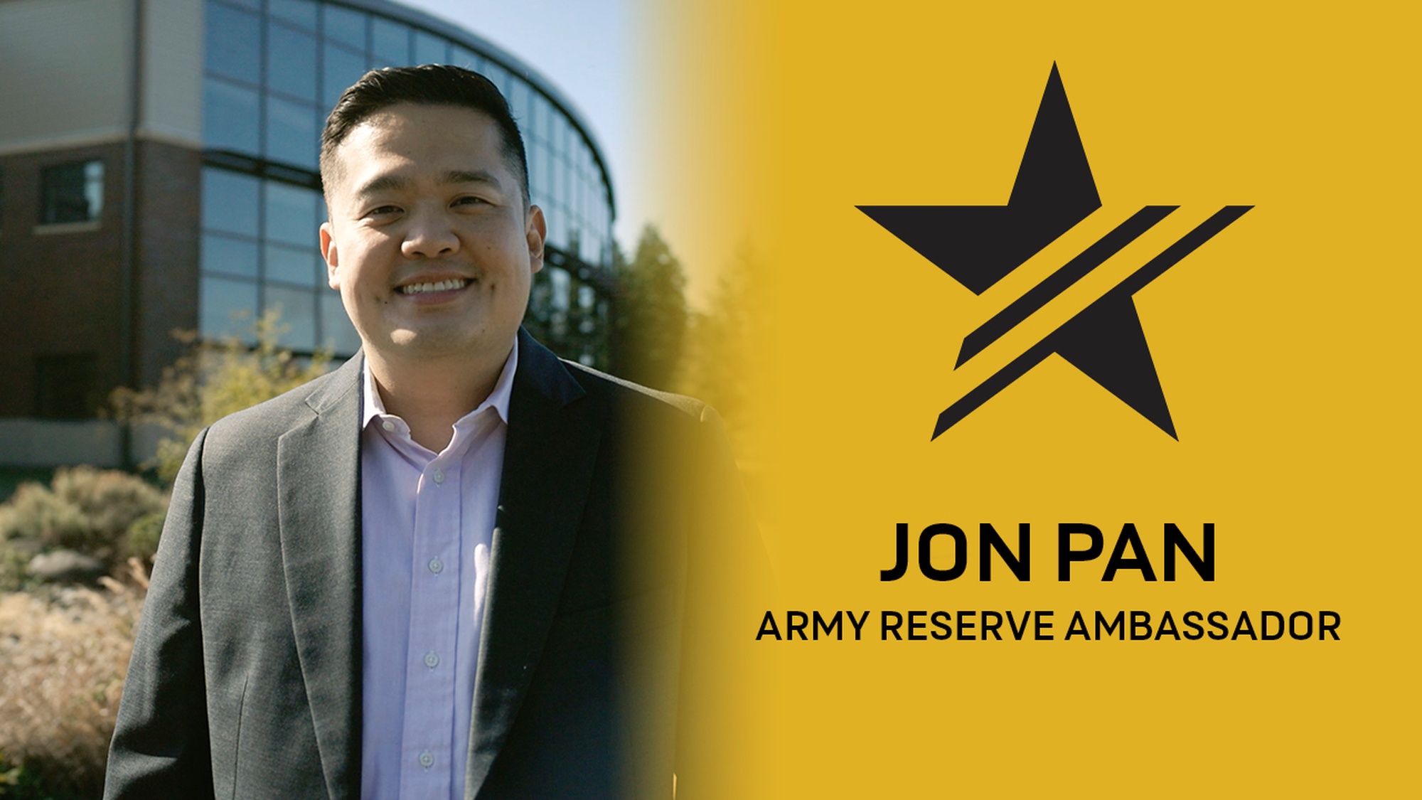Army Reserve Ambassador Jon Pan shares why he joined the program to continue serving the community in Washington State. While he found success in his civilian career after being in the Army, he missed the sense of service, and sought out volunteer opportunities to satisfy that gap. With his unique background in tech, he leverages his connections as a liaison between companies and the Army Reserve, and found a way to satisfy his desire to serve. 

Director: Tim Yao 
Camera Operator: Nolan Thermos