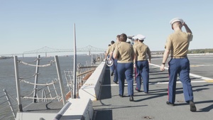 The USS Arlington (LPD-24) in the Parade of Ships as part of Navy Marine Corps 250 in Philadelphia 250