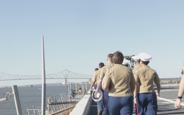 The USS Arlington (LPD-24) in the Parade of Ships as part of Navy Marine Corps 250 in Philadelphia 250