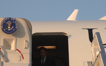 U.S. Secretary of State Marco Rubio disembarks his plane after landing at Ben Gurion Airport in Israel on October 23, 2025