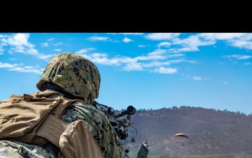 Parallax motion photo of Seabees conducting crew-served weapons training with M240B machine gun