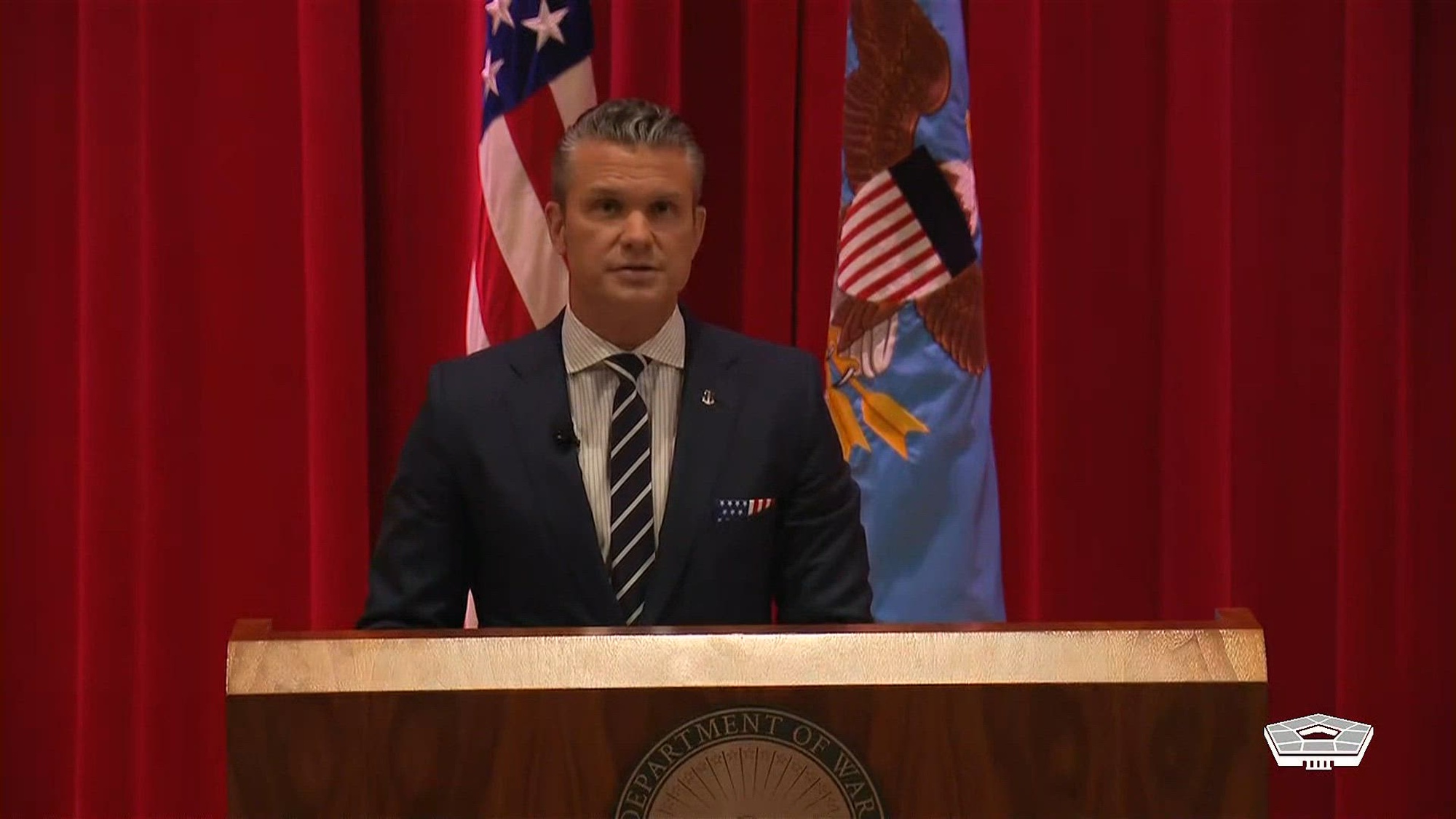 Secretary of War Pete Hegseth is introduced by Deputy Secretary of War Steve Feinberg and speaks at the National War College at Fort McNair, Washington, D.C., Nov. 7, 2025.
