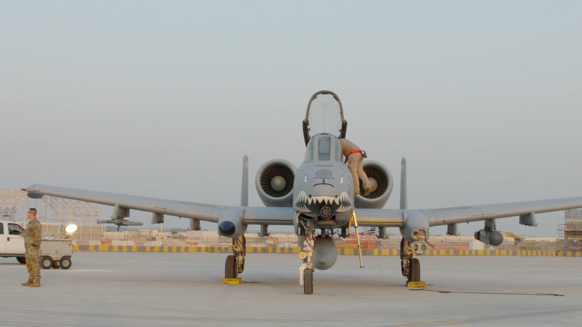 U.S. Airmen deployed to the U.S. Central Command area of responsibility perform maintenance and execute taxiing procedures for A-10C Thunderbolt II ground-attack aircraft, before the Warthogs take off to conduct a routine training sortie, November 4, 2025. The A-10 has provided dedicated close air support for the Air Force for nearly 50 years. (U.S. Air Force video by Master Sgt. James Cason)