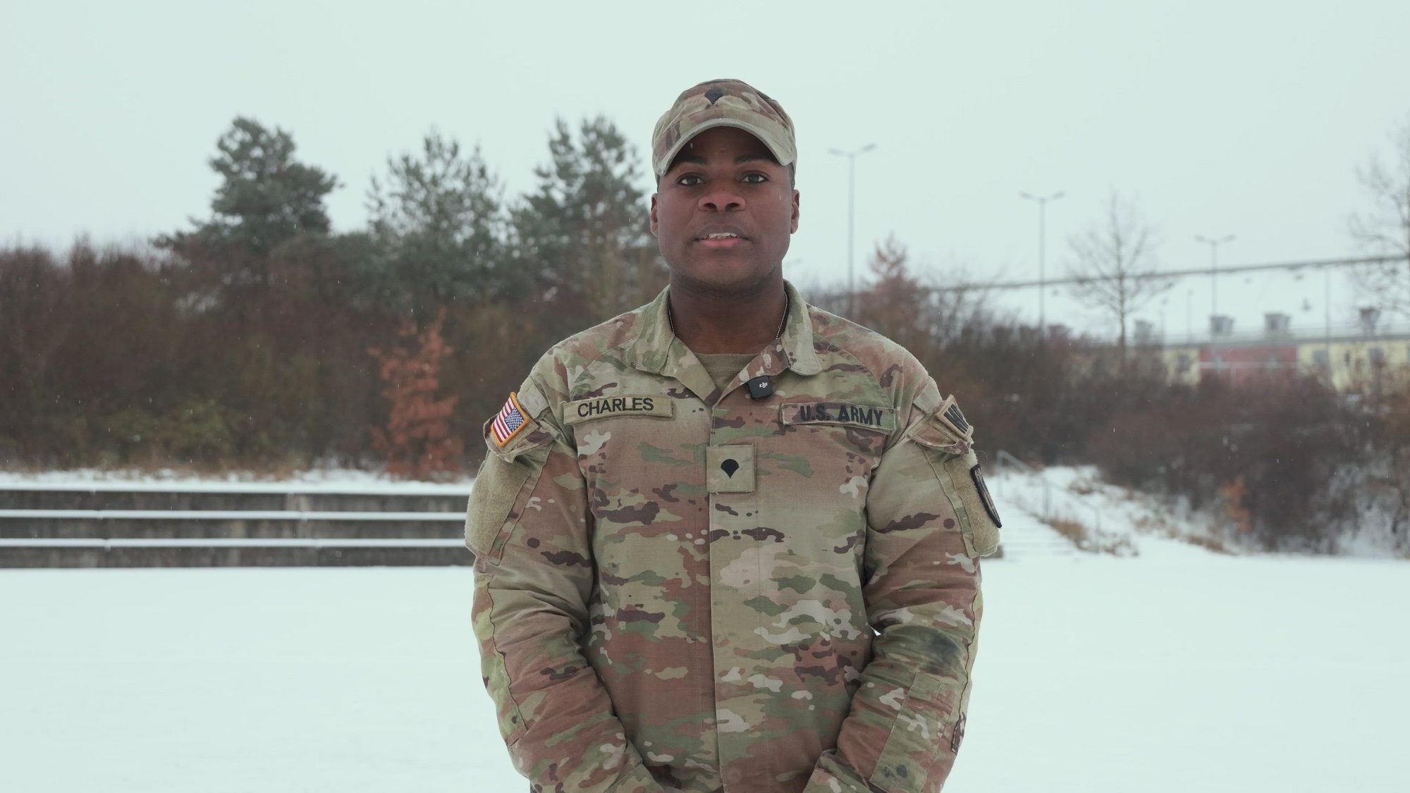 U.S. Army Spc. Marcus Charles, a military police officer assigned to 615th Military Police Company, 709th Military Police Battalion, 18th Military Police Brigade, shares what he is thankful for in 2025 at U.S. Army Garrison Bavaria, Germany, Nov. 24, 2025. The reflection highlights the importance of gratitude and resilience within the unit.