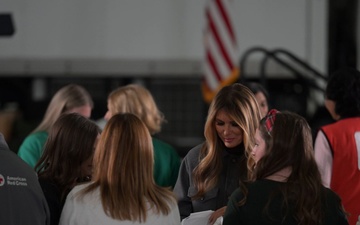 First Lady Melania Trump and Second Lady Usha Vance Partner with Red Cross Making Care Packages at Andrews