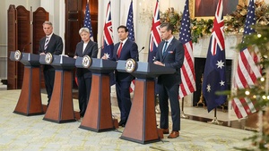 Secretary Rubio delivers remarks with Secretary of War Pete Hegseth, Australian Deputy Prime Minister and Defense Minister Richard Marles, and Australian Foreign Minister Penny Wong