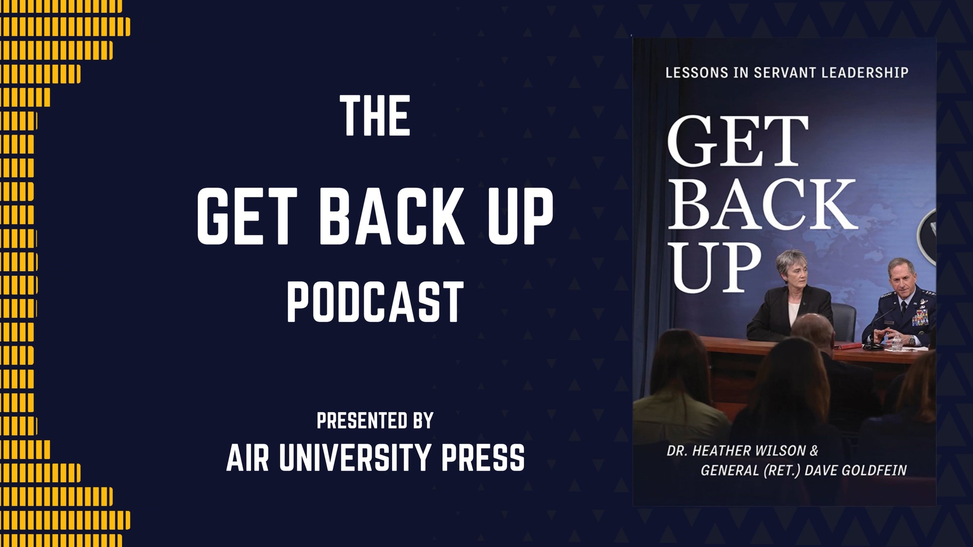 Mrs. Donna Budjenska and Mr. Michael Tate from Air University Press sit down with co-authors Dr. Heather Wilson and General (Ret.) Dave Goldfein to discuss the release of their new book "Get Back Up". (U.S. Air Force video by Damien Thomas)