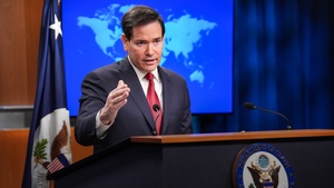 Secretary Rubio delivers remarks to the press from the press briefing room
