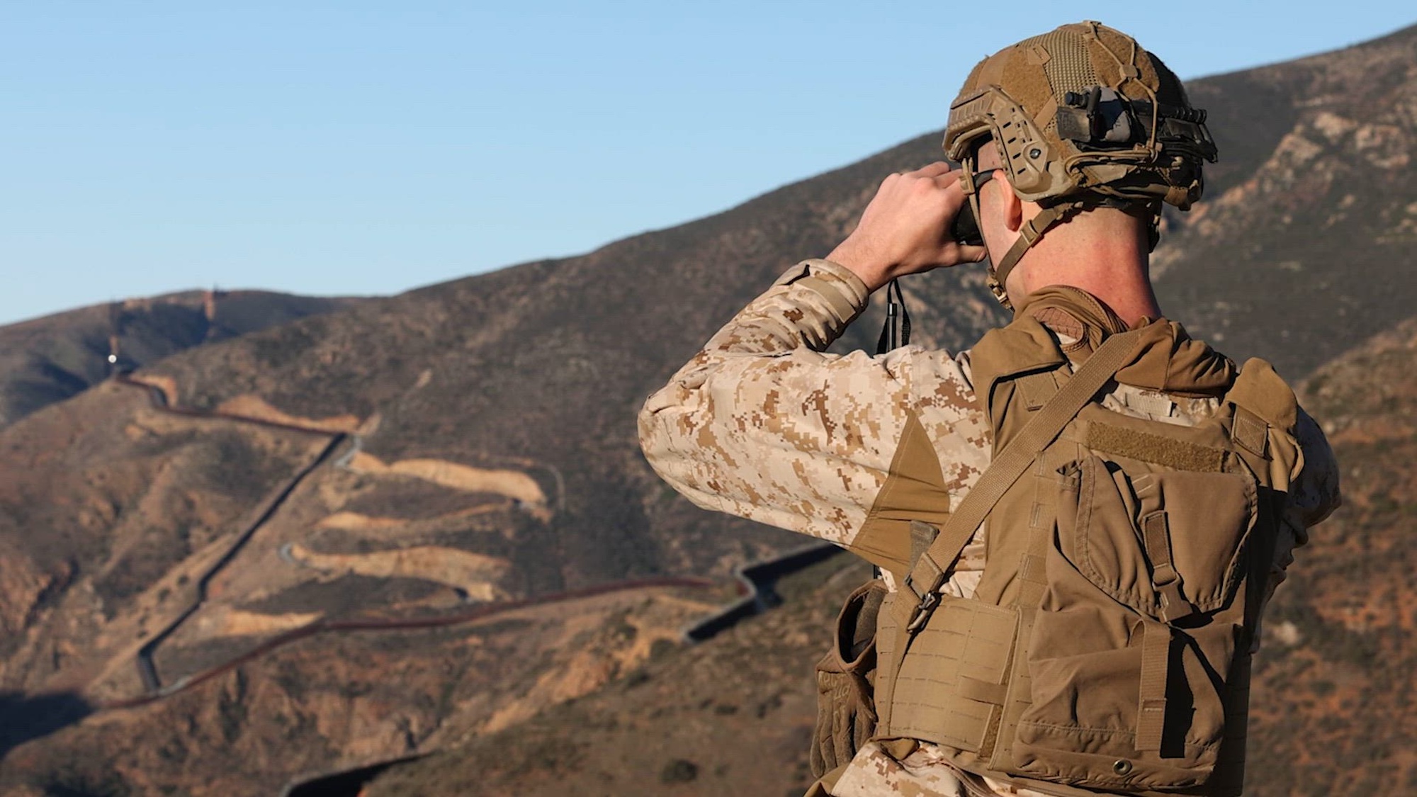U.S. Marines with 3rd Battalion, 4th Marines, assigned to Joint Task Force-Southern Border (JTF-SB), patrol along the southern border barrier in San Diego, Calif., Dec. 10, 2025, part of JTF-SB's support to U.S. Customs and Border Protection (CBP). JTF-SB executes full-scale, agile, and all-domain operations in support of CBP to protect the territorial integrity of the United States and achieve 100% operational control of the southern border. (U.S. Army video by Sgt. Matthew Wantroba)
