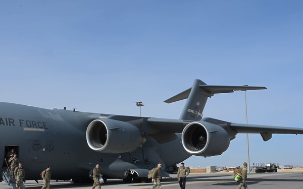 Airmen arrive at an undisclosed location within CENTCOM AOR