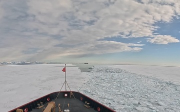 USCGC Polar Star (WAGB 10) escorts motor vessel Stena Polaris through the ice-covered Ross Sea to McMurdo Station during Operation Deep Freeze 2026