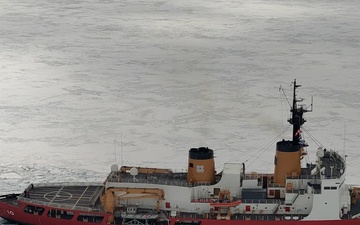 USCGC Polar Star (WAGB 10) escorts motor vessel Stena Polaris through the ice-covered Ross Sea to McMurdo Station during Operation Deep Freeze 2026