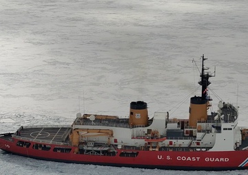 USCGC Polar Star (WAGB 10) escorts motor vessel Stena Polaris through the ice-covered Ross Sea to McMurdo Station during Operation Deep Freeze 2026