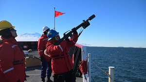 USCGC Polar Star (WAGB 10) conducts shoulder-launched line throwing gun (SLTG) training during Operation Deep Freeze 2026