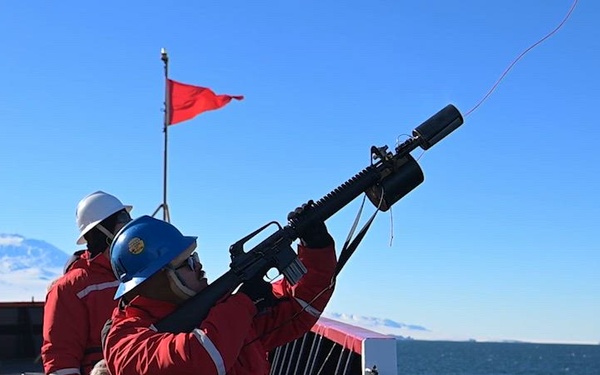 USCGC Polar Star (WAGB 10) conducts shoulder-launched line throwing gun (SLTG) training during Operation Deep Freeze 2026
