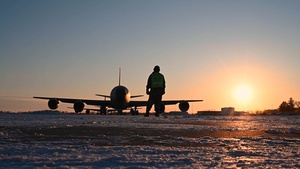 KC-135 Taxi on frigid flight line (b-roll)