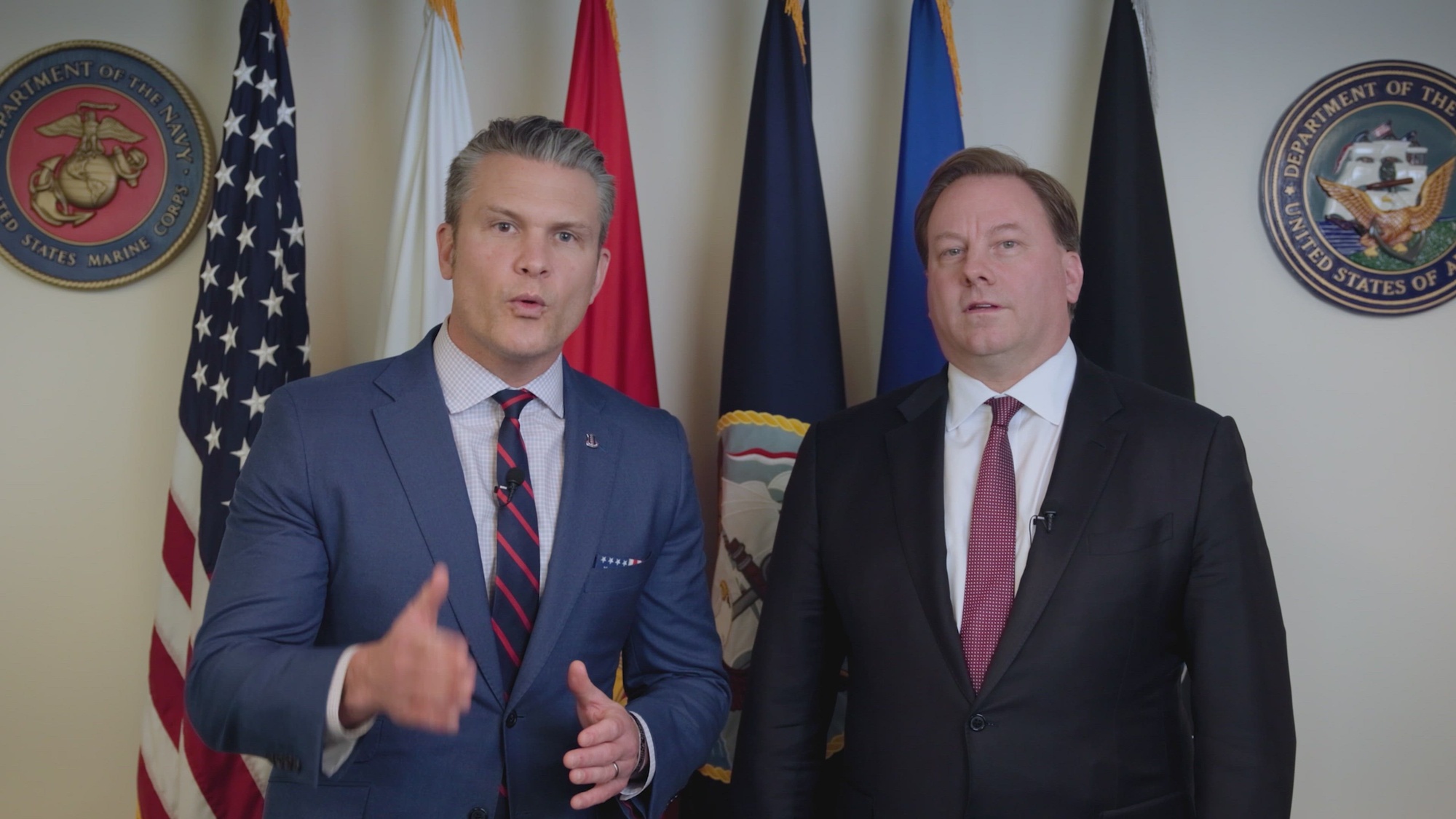 Secretary of War Pete Hegseth and Under Secretary of War Michael P. Duffey discuss changes in arms transfer policies at the Pentagon, Washington, D.C., Feb. 6, 2026. (Courtesy Video)