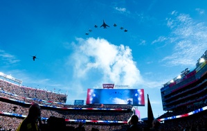 8-aircraft joint flyover conducted by Air Force, Navy, Air National Guard at 2026 Super Bowl LX