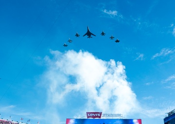 8-aircraft joint flyover conducted by Air Force, Navy, Air National Guard at 2026 Super Bowl LX