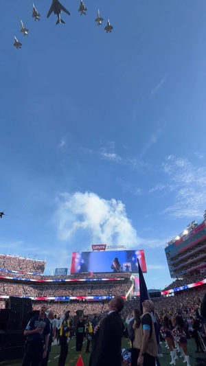 B-roll: 8-aircraft joint flyover conducted by Air Force, Navy, Air National Guard at 2026 Super Bowl LX