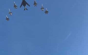 B-roll: 8-aircraft joint flyover conducted by Air Force, Navy, Air National Guard at 2026 Super Bowl LX