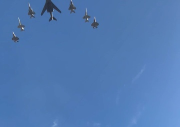 B-roll: 8-aircraft joint flyover conducted by Air Force, Navy, Air National Guard at 2026 Super Bowl LX