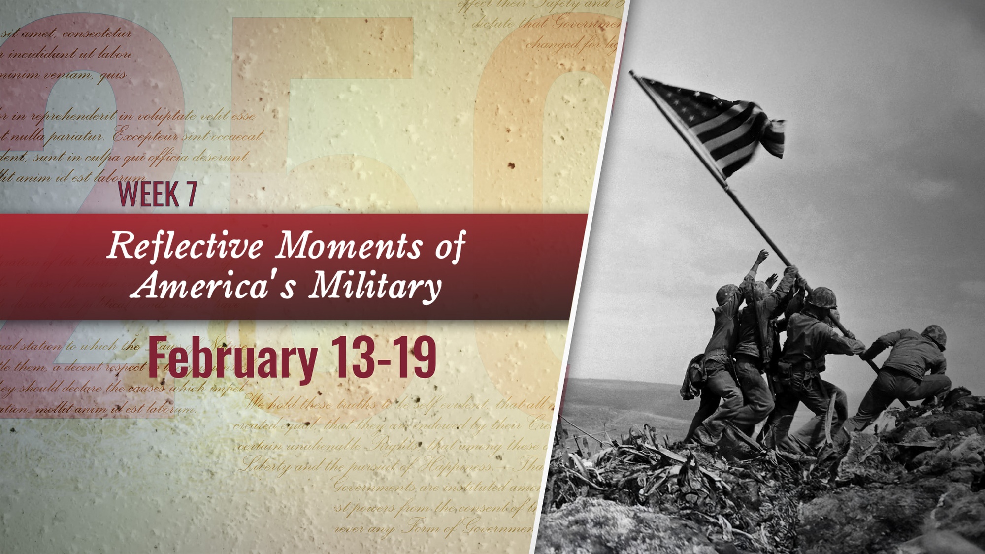 Graphic with text and the image of the Iwo Jima flag raising.