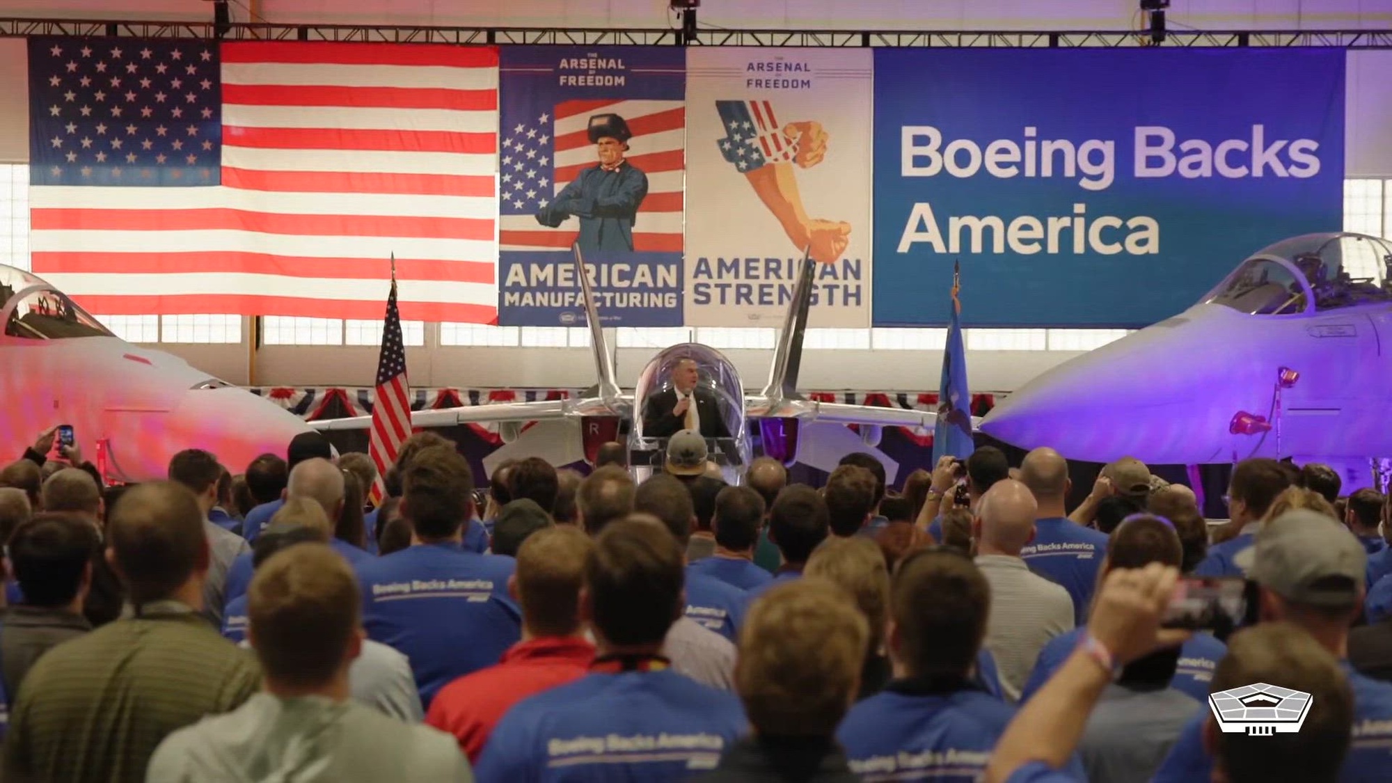 Secretary of War Pete Hegseth speaks during a nationwide Arsenal of Freedom tour stop at Boeing in Berkeley, Mo., Feb. 18, 2026