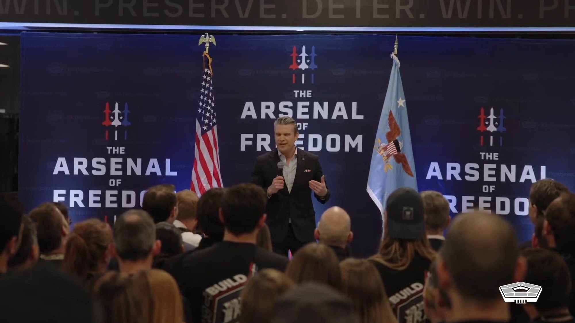 Secretary of War Pete Hegseth speaks during a nationwide Arsenal of Freedom tour stop at True Anomaly in Centennial, Colo., Feb. 23, 2026.