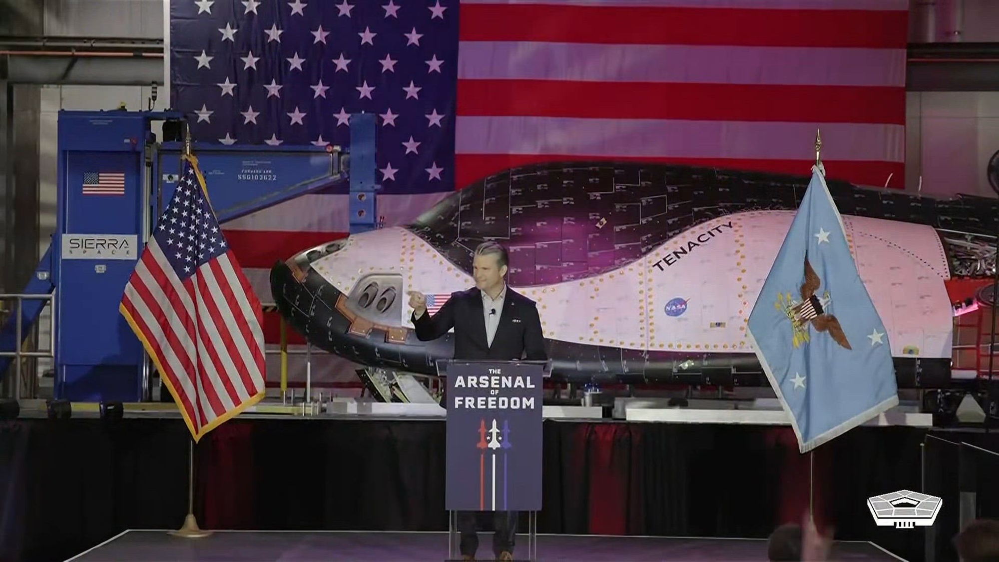 Secretary of War Pete Hegseth speaks during a nationwide Arsenal of Freedom tour stop at Sierra Space in Louisville, Colo., Feb. 23, 2026.
