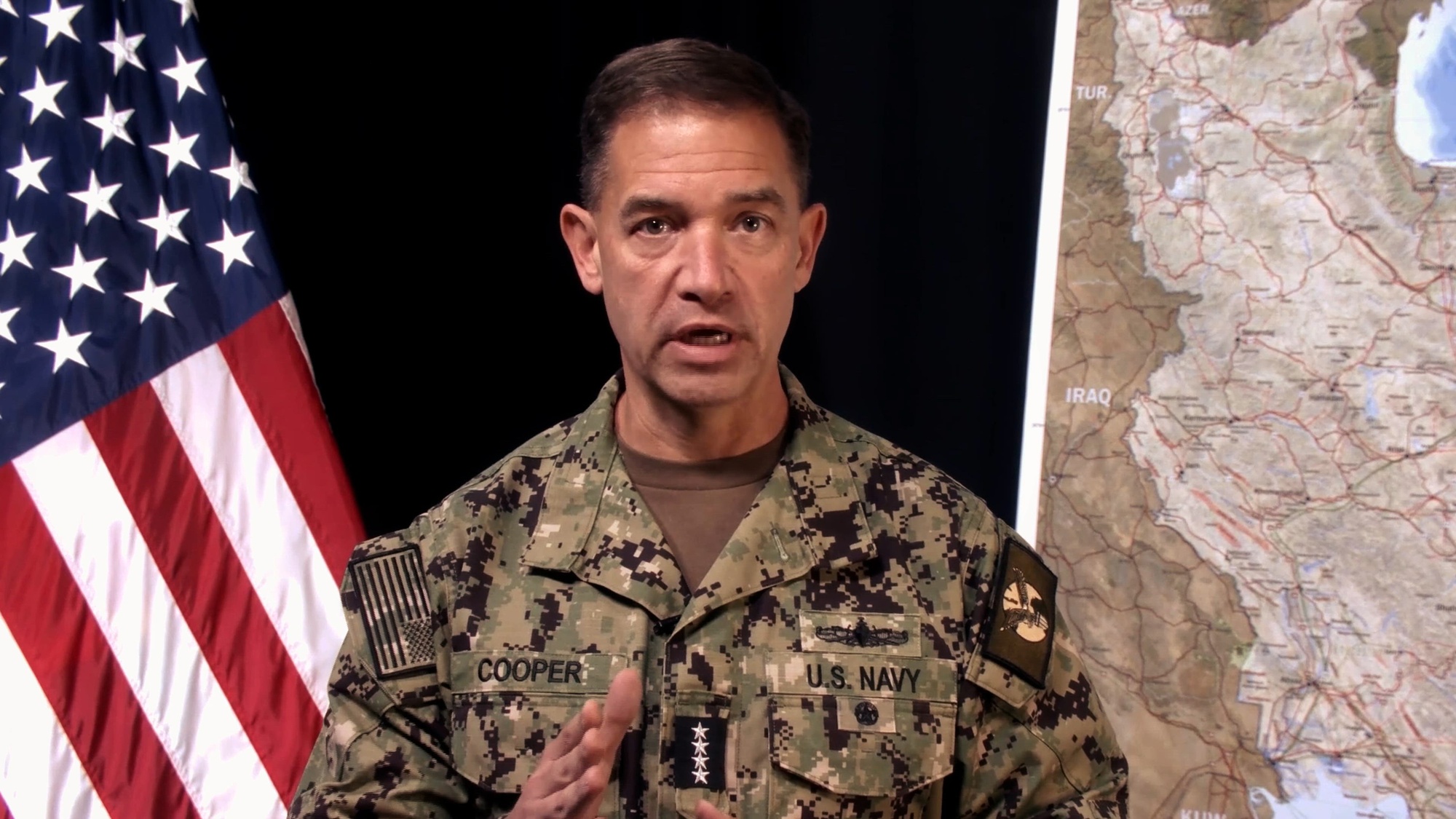 U.S. Navy Adm. Brad Cooper, commander of CENTCOM, provides an update on Operation Epic Fury, March 16, 2026. (DoW Courtesy Video)